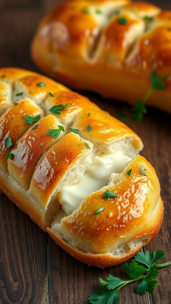 Korean Cream Cheese Garlic Bread Recipe Golden Korean cream cheese garlic bread with creamy filling and garlic butter glaze, garnished with parsley on a rustic table.